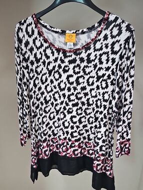 Ruby Rd. Black & White Leopard 3/4 Sleeve Top with Red Trim